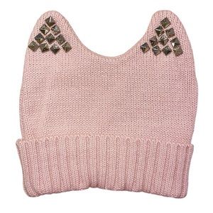 Pink Studded Cat Ear Knit Beanie Hat